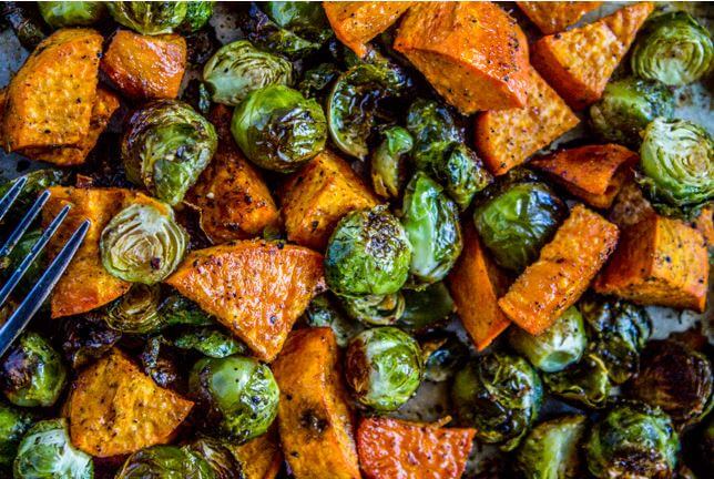 Roasted Sweet Potatoes and Brussels Sprouts