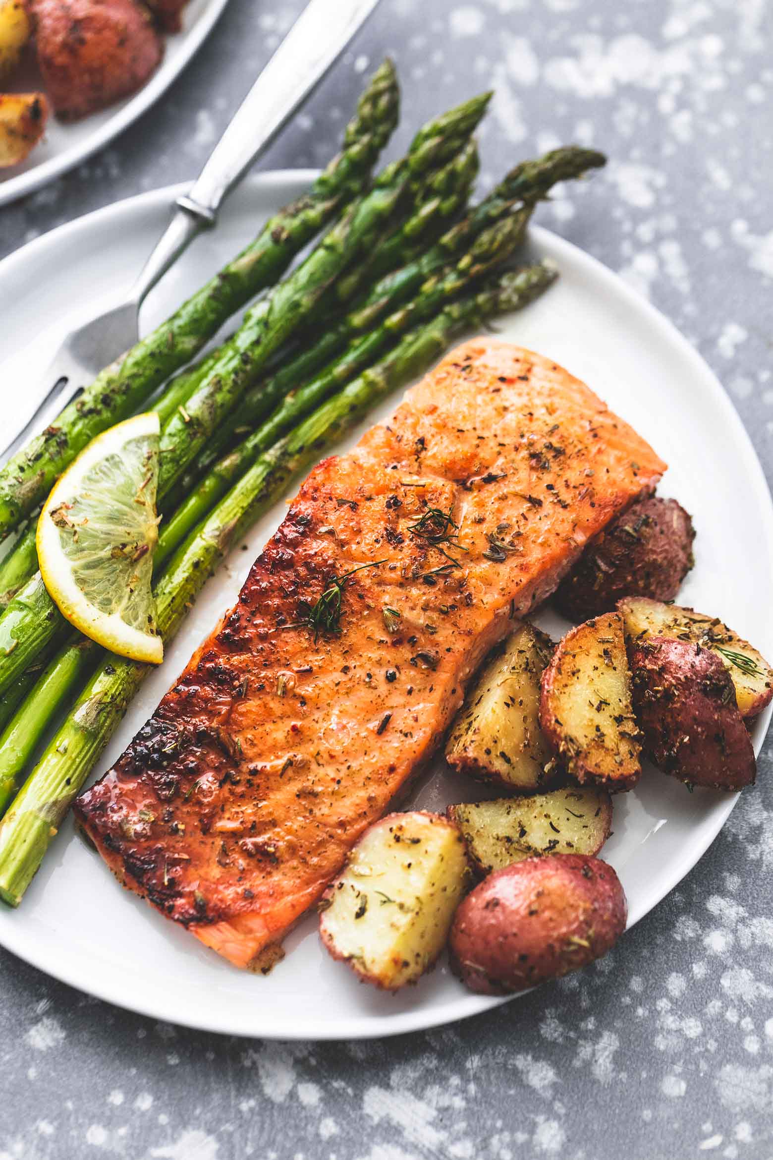 Roasted Orange-Thyme Grilled Salmon with a side of Roasted Lemon-Garlic Asparagus